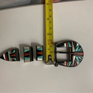 Zuni Sterling Silver Mosaic Inlay 4-Piece Ranger Belt Buckle Set Native